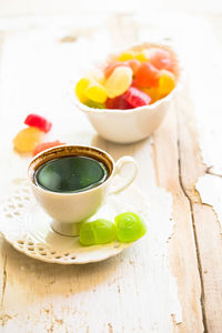 High angle view of drink on table