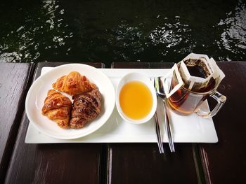 High angle view of breakfast on table