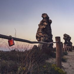 Close-up of barbed wire on wooden post against clear sky