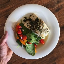 High angle view of fruit salad in plate on table