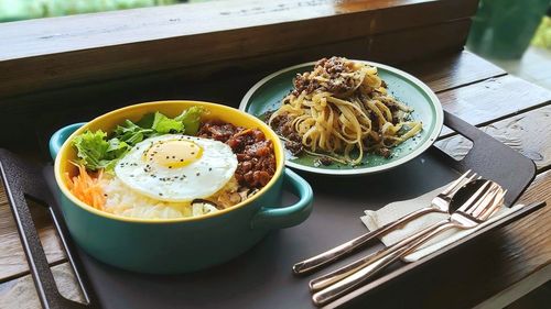 High angle view of food in plate on table