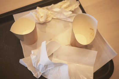 High angle view of shells on table