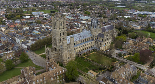 High angle view of old buildings in city