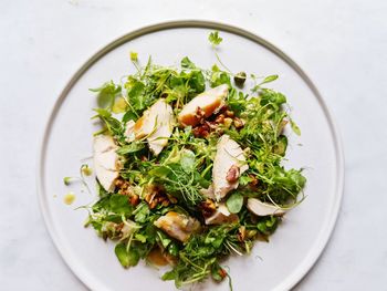 High angle view of salad in plate on table