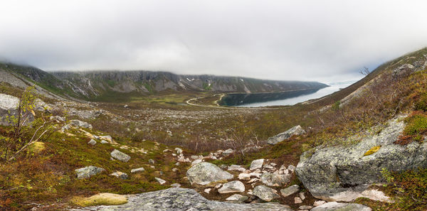 Scenic view of landscape against foggy sky