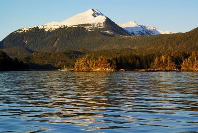 Scenic view of lake by snowcapped mountains against sky