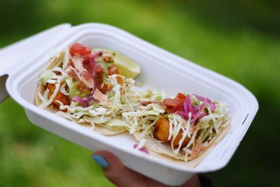 Close-up of hand holding take away food