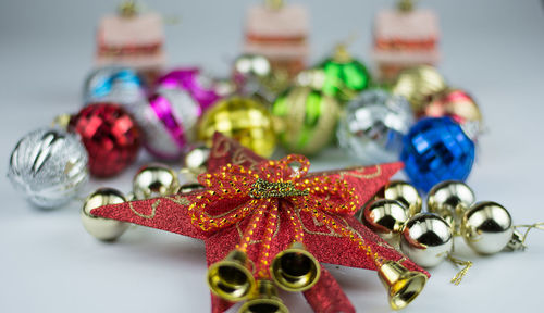 Close-up of multi colored decorations on table