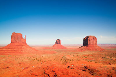 Rock formations at monument valley against clear blue sky