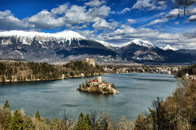 Scenic view of lake by snowcapped mountains against sky