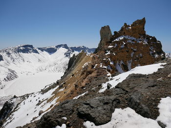 Scenic view of snowcapped mountains against clear sky