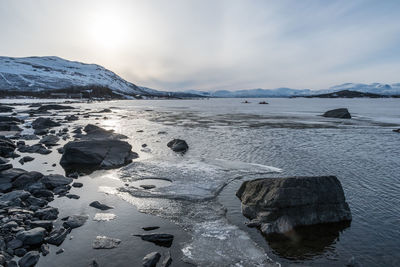 Scenic view of landscape against sky during winter