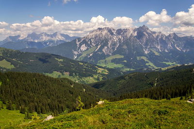 Scenic view of landscape and mountains against sky