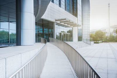 Footpath amidst modern buildings in city