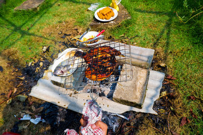 High angle view of meat on barbecue grill