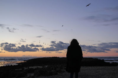 Silhouette bird flying over sea against sky