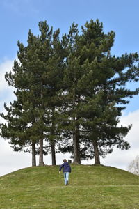 Woman standing by tree on field against sky