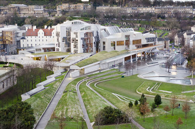 High angle view of buildings in city
