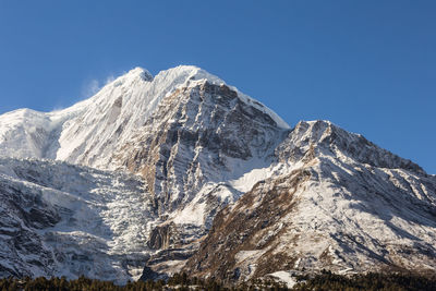 Low angle view of snowcapped mountains against clear sky