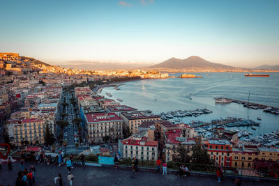 High angle view of city at sunset