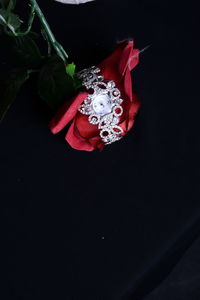 High angle view of rose bouquet against black background