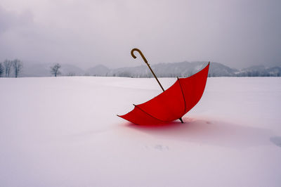 Red umbrella on snow covered field