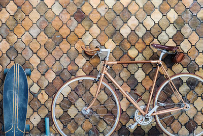 High angle view of bicycle on cobblestone street