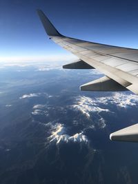 Aerial view of airplane flying in sky