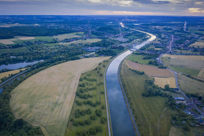 High angle view of agricultural field against sky