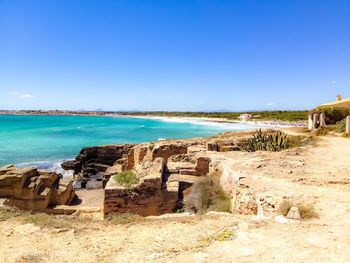 Scenic view of sea against clear blue sky