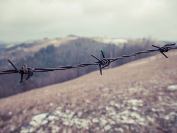 Close-up of barbed wire fence against sky