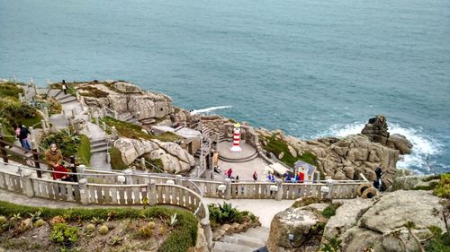 High angle view of tourists at seaside