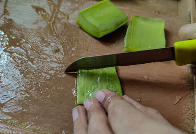 Close-up of hand holding leaf in water