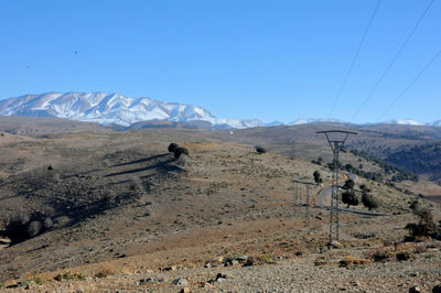 Scenic view of snowcapped mountains against clear blue sky