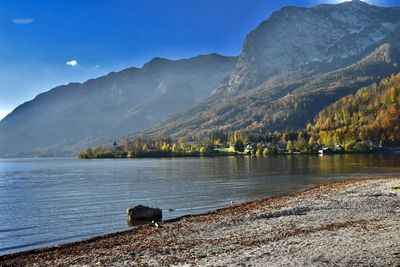 Scenic view of lake and mountains against sky