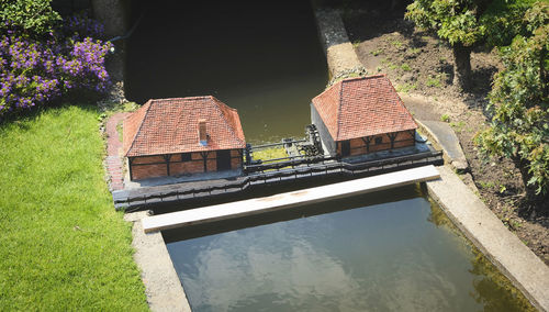 High angle view of lake by trees