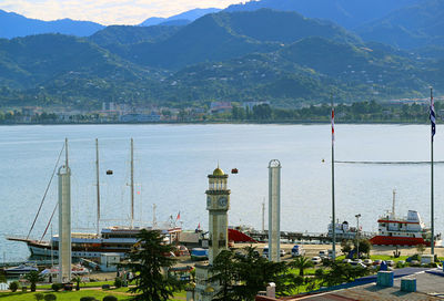 High angle view of buildings by black sea in batumi, georgia