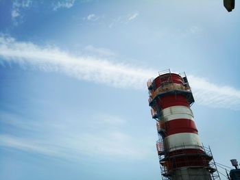 Low angle view of lighthouse by building against sky