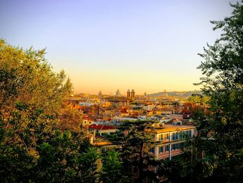 High angle view of townscape against clear sky