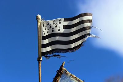 Low angle view of flag against clear blue sky