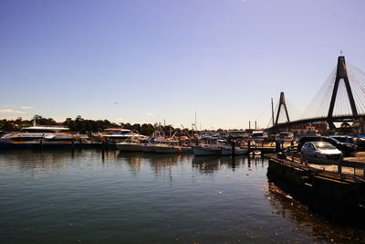 Boats moored at harbor against clear sky