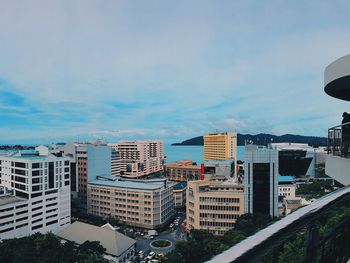 High angle view of buildings against sky