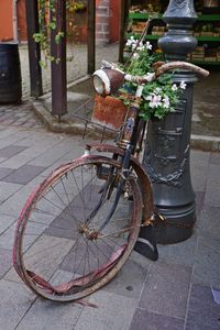 Bicycle parked on footpath by street in city