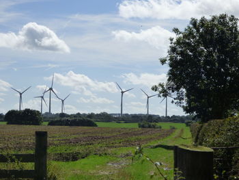 Wind turbines on field