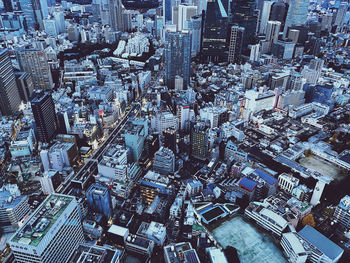 High angle view of illuminated cityscape