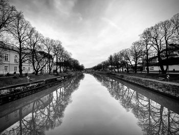 Canal amidst bare trees against sky