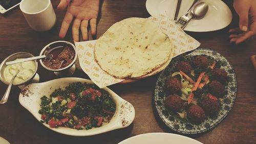 High angle view of meal served on table