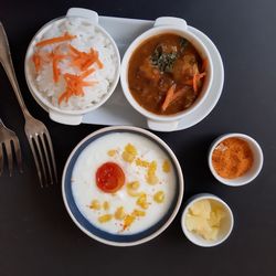 High angle view of meal served on table