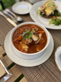 High angle view of soup in bowl on table