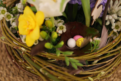 High angle view of easter eggs in artificial nest